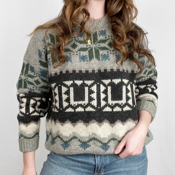 Vintage Nordic Fair Isle Ski Sweater Knit 100% Wool Slouchy Oversized Grandpa - Picture 1 of 7
